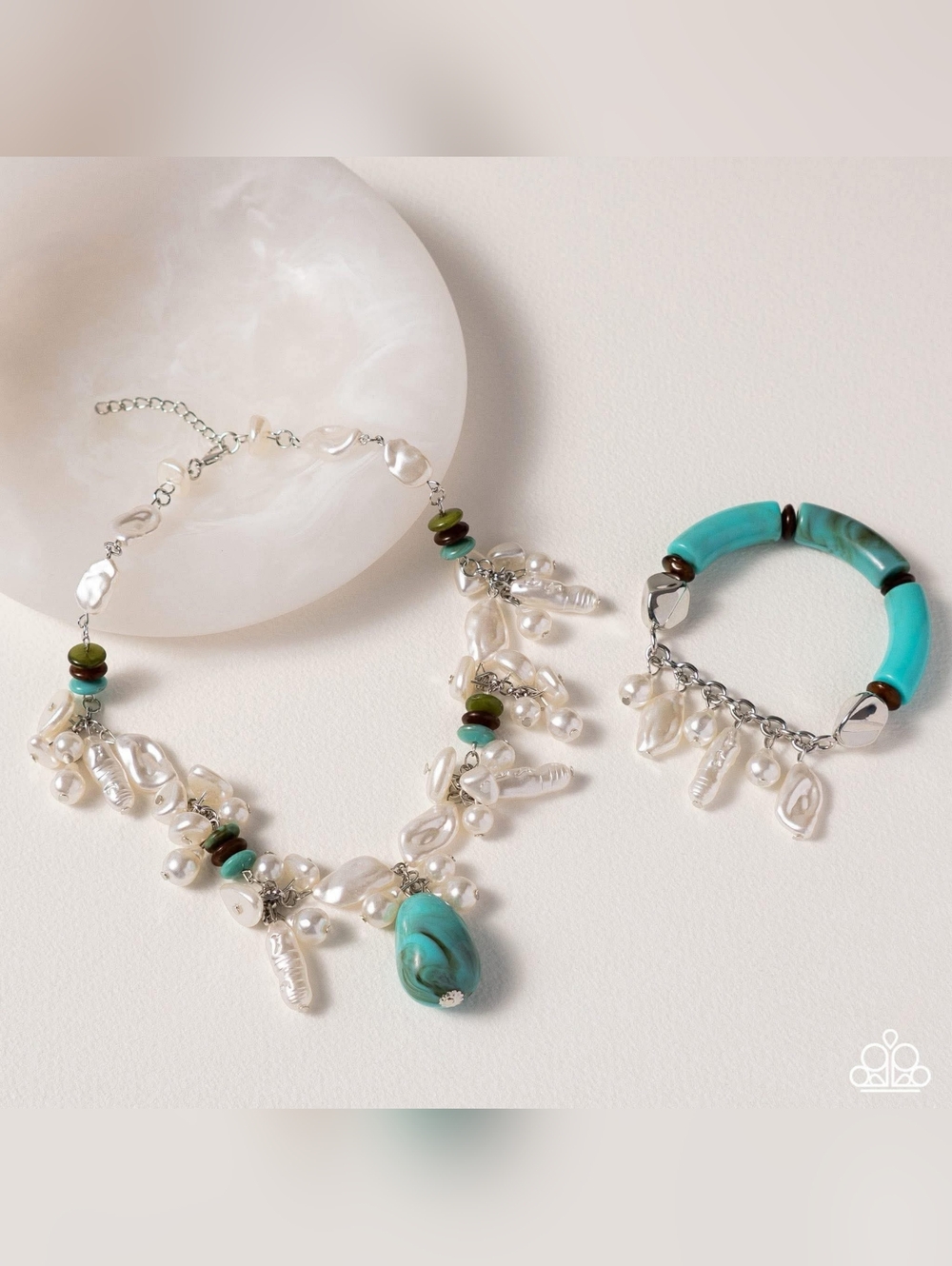 Turquoise & Pearl Cluster Necklace for Women